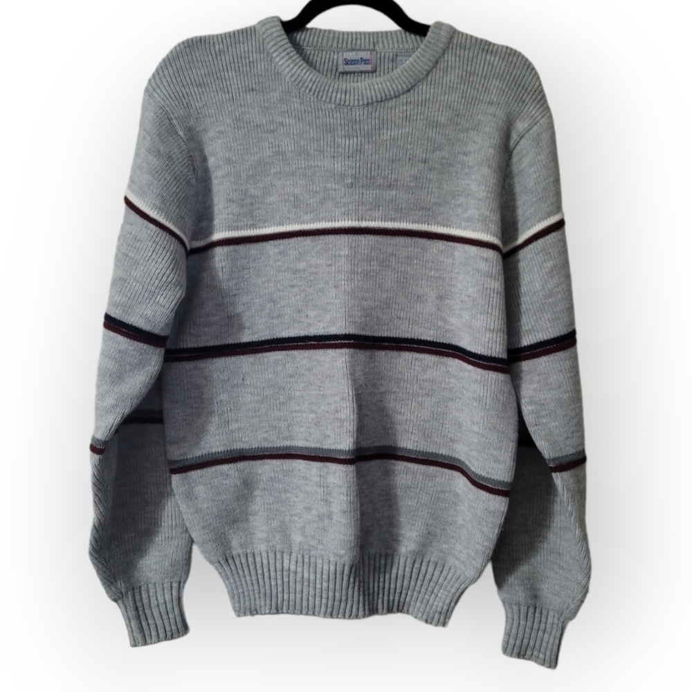 Vintage Grandpa Pullover Sweater Men's Size XL Tight Knit, Colorful Stripes Gray